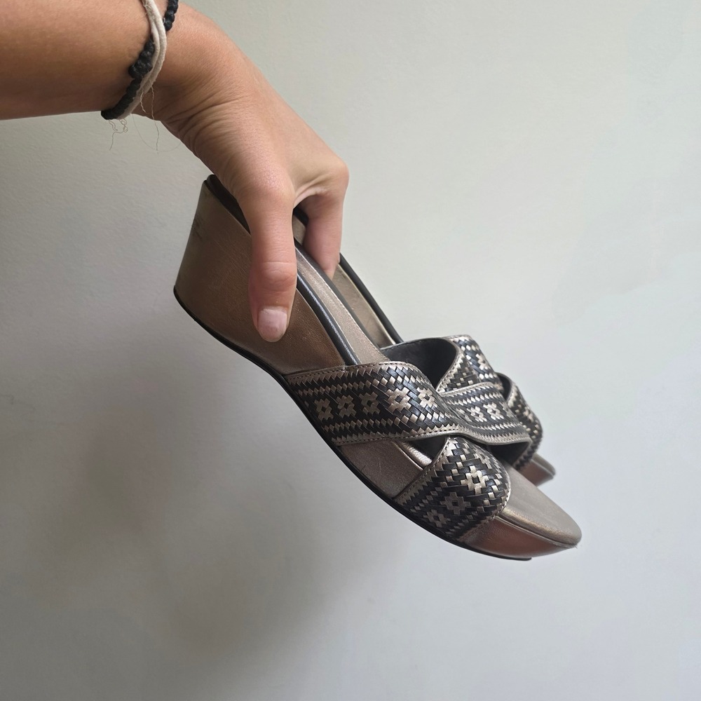 Cole Haan Metallic Bronze Woven Leather Wedge Sandals 8.5B